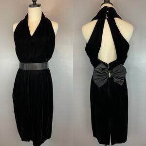 Vintage 1980s Black Velvet Open Back Halter Dress Big Bow Small